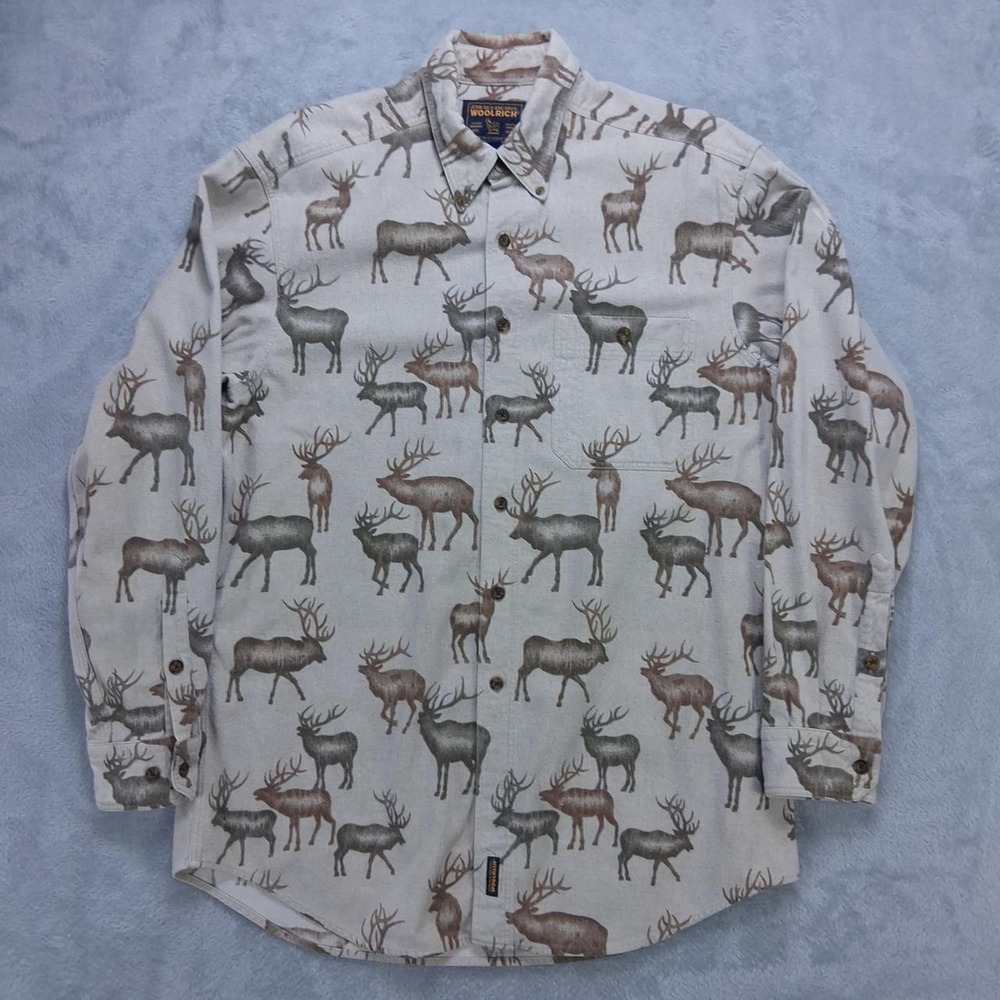 Woolrich Mens Long Sleeve Button Up Shirt Elk Print Beige Outdoor Hunting Large